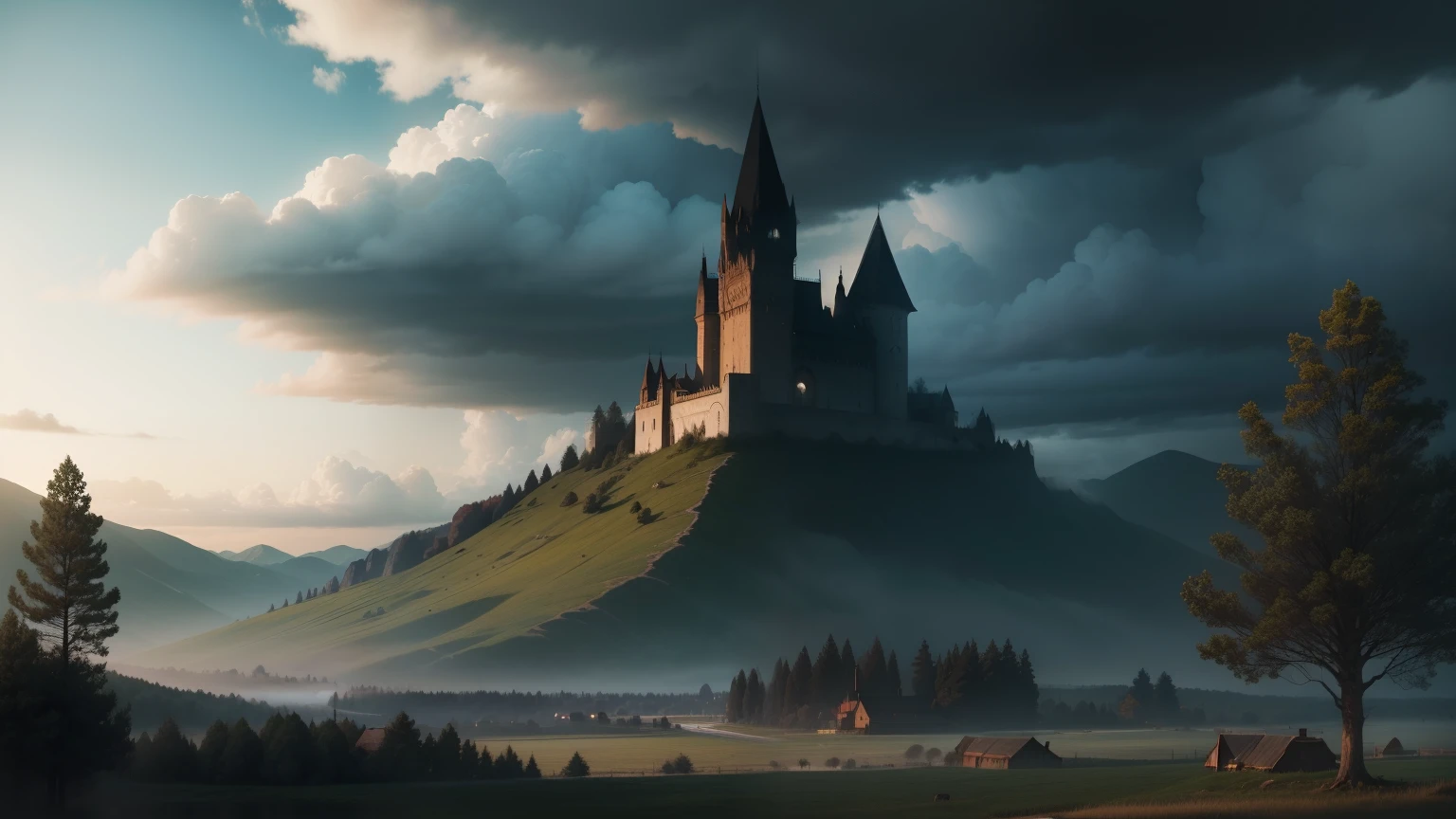 fot, highly realistic, tenebrosa cloud, tenebrosa cloud, tenebrosa cloud, The rain will come, tenebrosa, tenebrosa, tenebrosa, very cloudy, no sun light , moutain, grass field , Tree