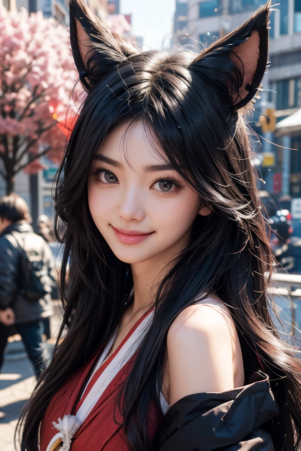 black hair, hair bobbles, wince, longeyelashes, solid circle eyes, fake animal ears, light smile, ear blush, fang, ccurate, yae miko, genshin impact, Surrealism, drop shadow, anaglyph, stereogram, tachi-e, pov, atmospheric perspective, 8k, super detail, best quality, 4K