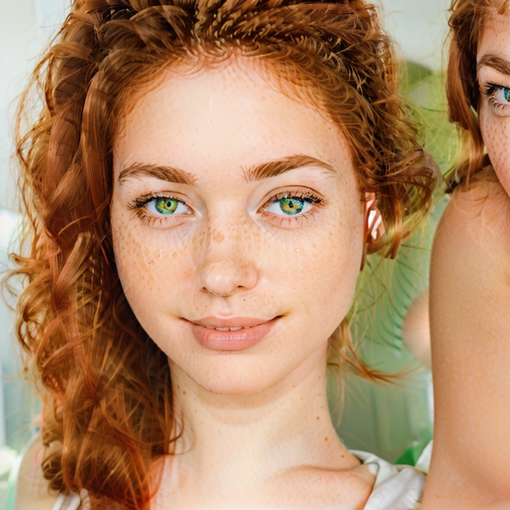 there is a woman with red hair and freckles posing for a picture, redhead girl, with red hair and green eyes, cute young redhead girl, beautiful redhead woman, beautiful pieces, Red head, redhead woman, rosy cheeks with freckles, light beautiful pieces, pale, freckled skin, Red cheeks, soft red skin, she is redhead, red hair and freckles