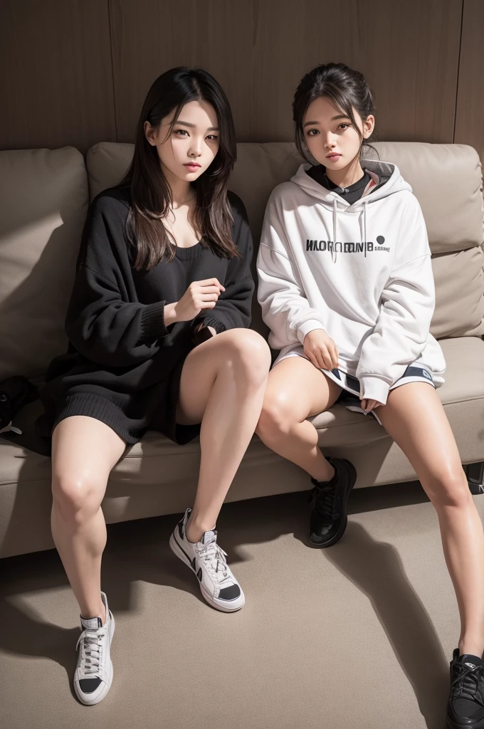 deux femmes ensemble de 18 ans sexy et mince , black short sleeve hoodie , salle de classe, se touche,position sey,sensuel