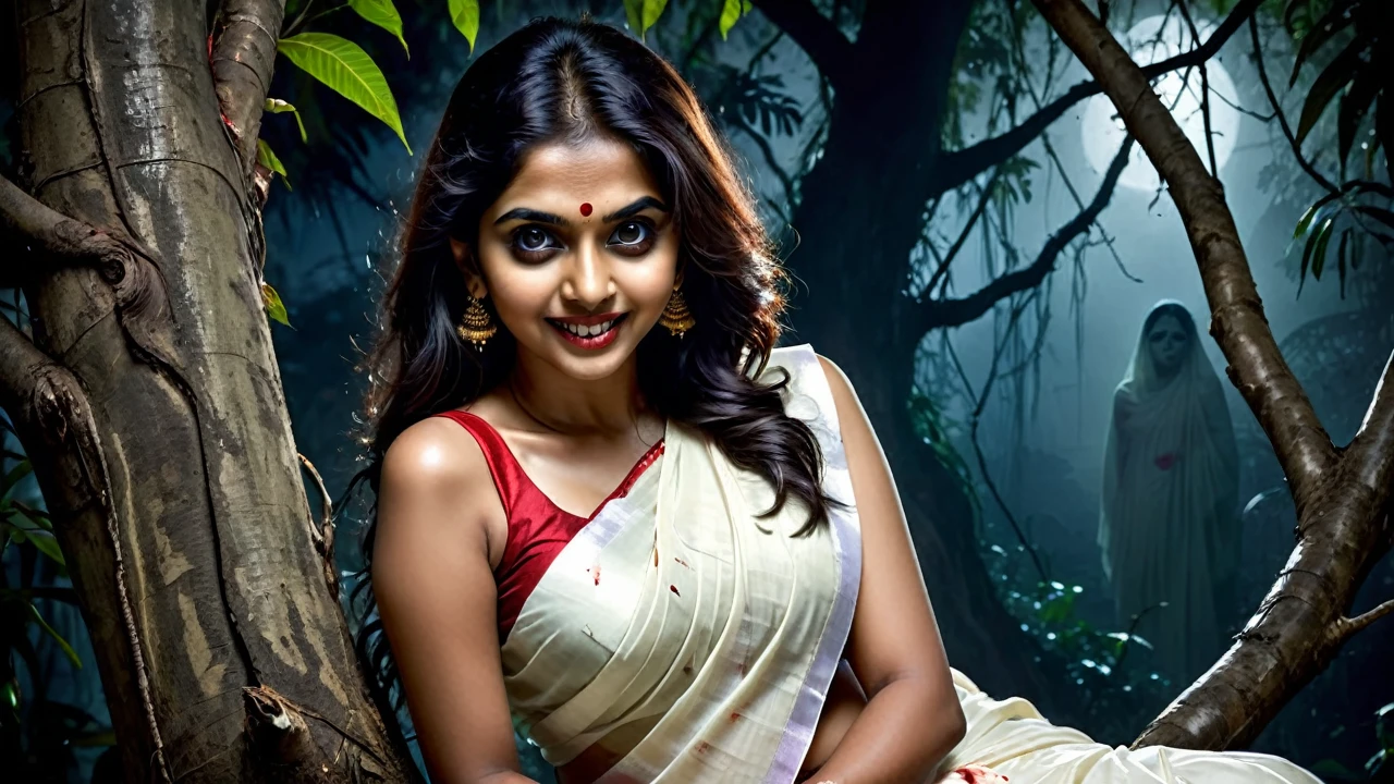 (dark jungle ambience) (horror dark effect) (full body) (scary face) a beautiful indian beautiful ghost girl wearing sleeveless white blood stained saree, (big but covered) sitting on a tree branch, scary bloody face, cruel smiling expression, emotionless, seductive, detailed face, detailed eyes, detailed lips,night lighting