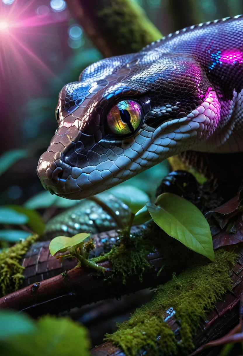Image of a futuristic, cyberpunk boa constrictor looking directly at the camera with a penetrating and mesmerizing gaze. Its head appears to be in motion, creating a dynamic effect. The eyes shine intensely with a digital glow, and the details are incredibly sharp. The boa's metallic skin appears wet, reflecting light beautifully and showcasing a vibrant array of colors. It is wrapped around a beautiful tree adorned with moss and mushrooms. The image is colorful, with sunbeams filtering through the leaves, making the colors exceptionally vibrant. The ultra-detailed 4K quality captures the scene perfectly, evoking the beauty and intensity of an Ayahuasca vision, blended with a futuristic cyberpunk aesthetic