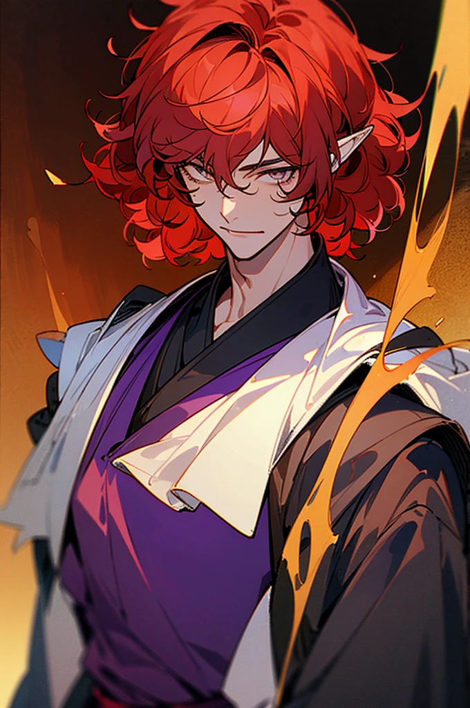 ((masterpiece)), ((one man)), man, man in late 30s, dark skin, white eyes, detailed eyes, elve ears, drak red hair, short hair, short curly hair, ((curly hair)), curly hair, tall, handsome, mature, purple clothes,
