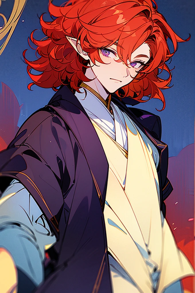 ((masterpiece)), ((one man)), man, man in late 30s, dark skin, white eyes, detailed eyes, elve ears, drak red hair, short hair, short curly hair, ((curly hair)), curly hair, tall, handsome, mature, purple clothes,
