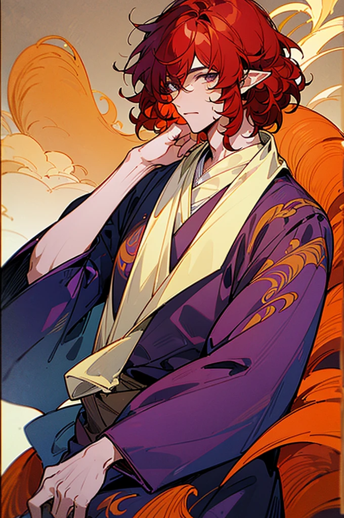 ((masterpiece)), ((one man)), man, man in late 30s, dark skin, white eyes, detailed eyes, elve ears, drak red hair, short hair, short curly hair, ((curly hair)), curly hair, tall, handsome, mature, purple clothes,