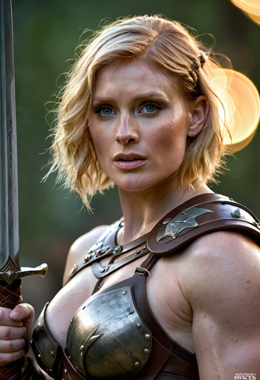 Looks like Bryce Dallas Howard, A beautiful barbarian woman, blonde hair, punk hair, sword and sorcery, skimpy armour, high detail face, high detail skin, muscle definition, high resolution, photo-realistic, cinematic lighting, depth of field, bokeh