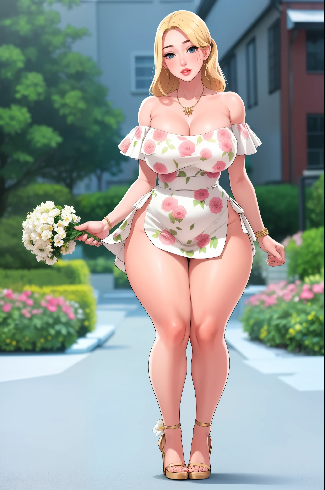 An extremely beautiful stunning woman with a perfect busty body, gold blonde long silky hair, big blue eyes, extremely super bright snow white fair stunning flawless glowing lush shiny flawless white skin, a perfect tight hourglass figure, and a skinny waist, sexy thick smooth luscious legs and thighs, extremely cute smile on the face, bright pink blushes on cheeks, wearing a short sexy loose revealing white floral dress with threads, pink off-shoulder, yellow heels, green necklace on the neck, gold anklets on feet, standing straight, holding flowers, garden in the background, show full body from head to feet.