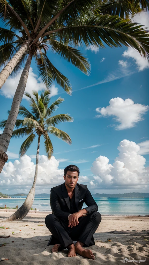 handsome man, wearing a black suit, sitting on the beach, very beautiful clouds, background full of coconut trees.