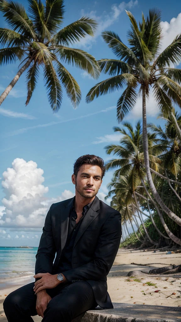 handsome man, wearing a black suit, sitting on the beach, very beautiful clouds, background full of coconut trees.