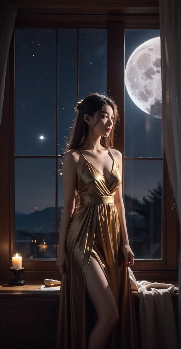 Beautiful Chinese waifu, early 30s, brunette hair, silk evening gown in gold, full moon out of the window