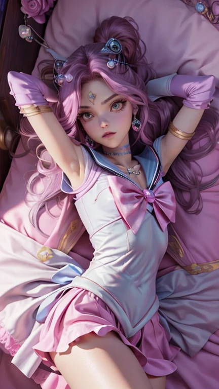 a cartoon skeleton , head on, beautiful little pink alien skeleton, hyperrealism,sugar skull, Fixed 3D designs, , 16k, lying on bed,,(detailed background, royal bedroom), (kda style), ((sailor moon outfit)),