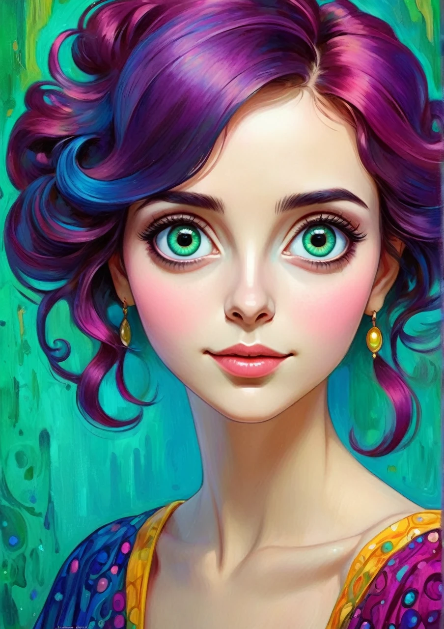 Happy colorful woman big eyes, bella, realistic cartoon proportion, wow of art, attractive, estilo Gustav Klimt, green Blue, cyan, magenta