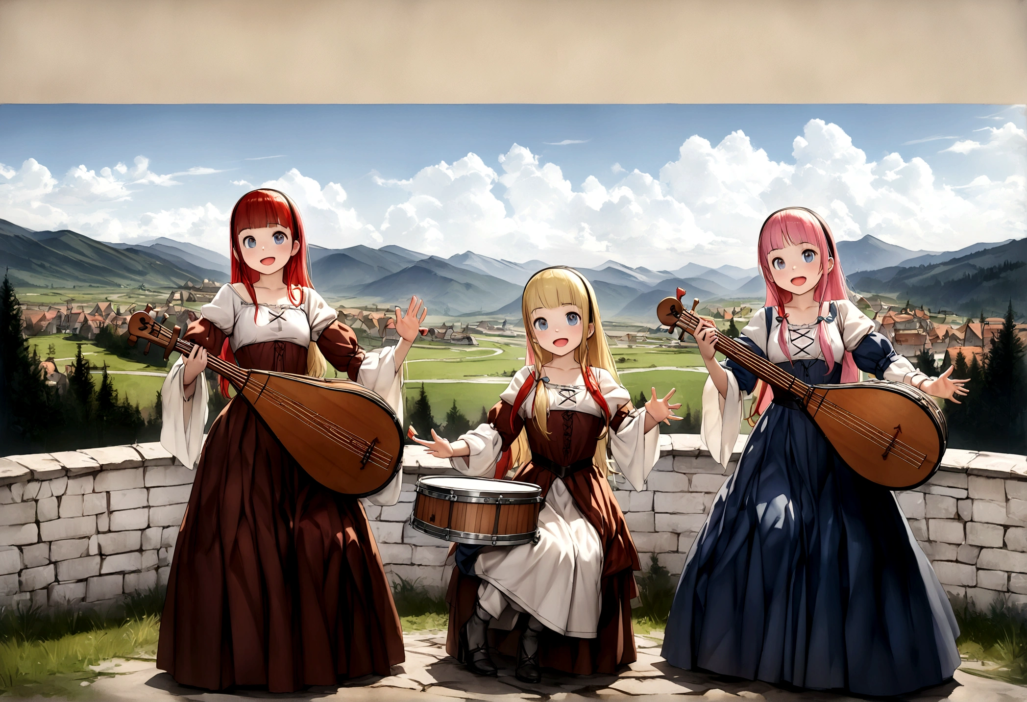 (((Top quality, 4k, 8k, high resolution, masterpiece: 1.2))), (super detailed), (realistic), (photorealistic), (photorealistic: 1.37), (HDR, UHD), (studio (lighting)), ultra-fine drawing, sharp focus, physically based rendering, highly detailed, professional, vibrant colors, perfect ditaile hand, highly detailed realistic eyes, girl, one girl, multiple girls, A lot of girls,  smile, open mouth, close mouth, short hair, medium hair, medium length, long hair, ponytail, red hair, blue hair, blonde hair, green hair, pink hair, medieval European clothing, Citizen's Clothing from Medieval Europe, miniskirt, mid-length skirt, long skirt, chinos pants, (((playing the lute))), (((playing the drums))), Medieval European town, Countryside, Medieval European rural village, Rural grassland, Mountain view, Rural river, Irrigation canal, anime, cartoon, kawaii, qute, (((Long shot, Panorama, Distant view, Vast landscape))), knees, feet,  looking at viewer, 