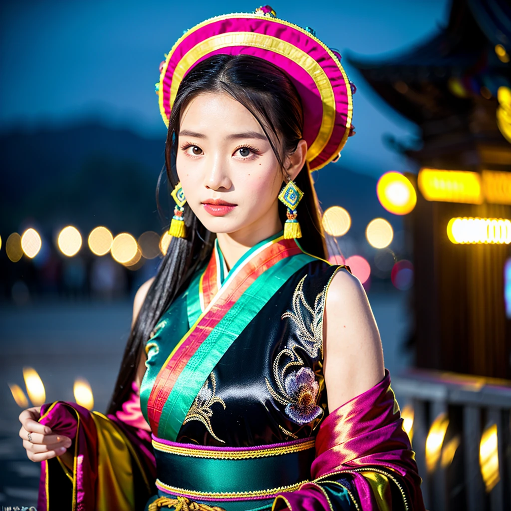 ((best quality)), ((masterpiece)), (detailed), 1 Beauty, Portraiture ,Character leaning to the right,Mongolian national costume,Background Ulaanbaatar,Blurred Background,night