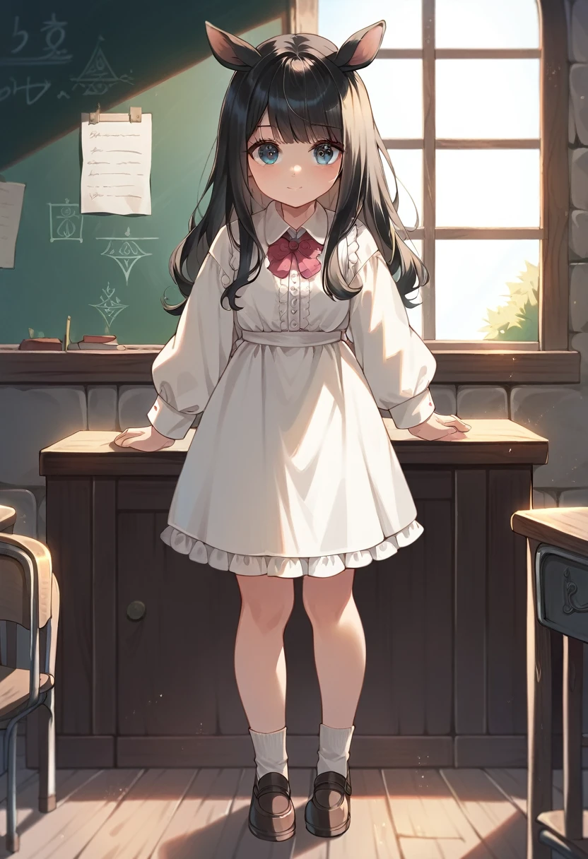 best quality, masterpiece, anime girl , young girl, 24 years old, thick legs , 1girl, bangs,long hair, cute face, perfect shot, perfect anatomy, bachong, medieval, classroom background, full body, solo girl, 4k, high resolution , detailed face, detailed eyes, black hair, short hair, horse ears, standing, illustration, digital art