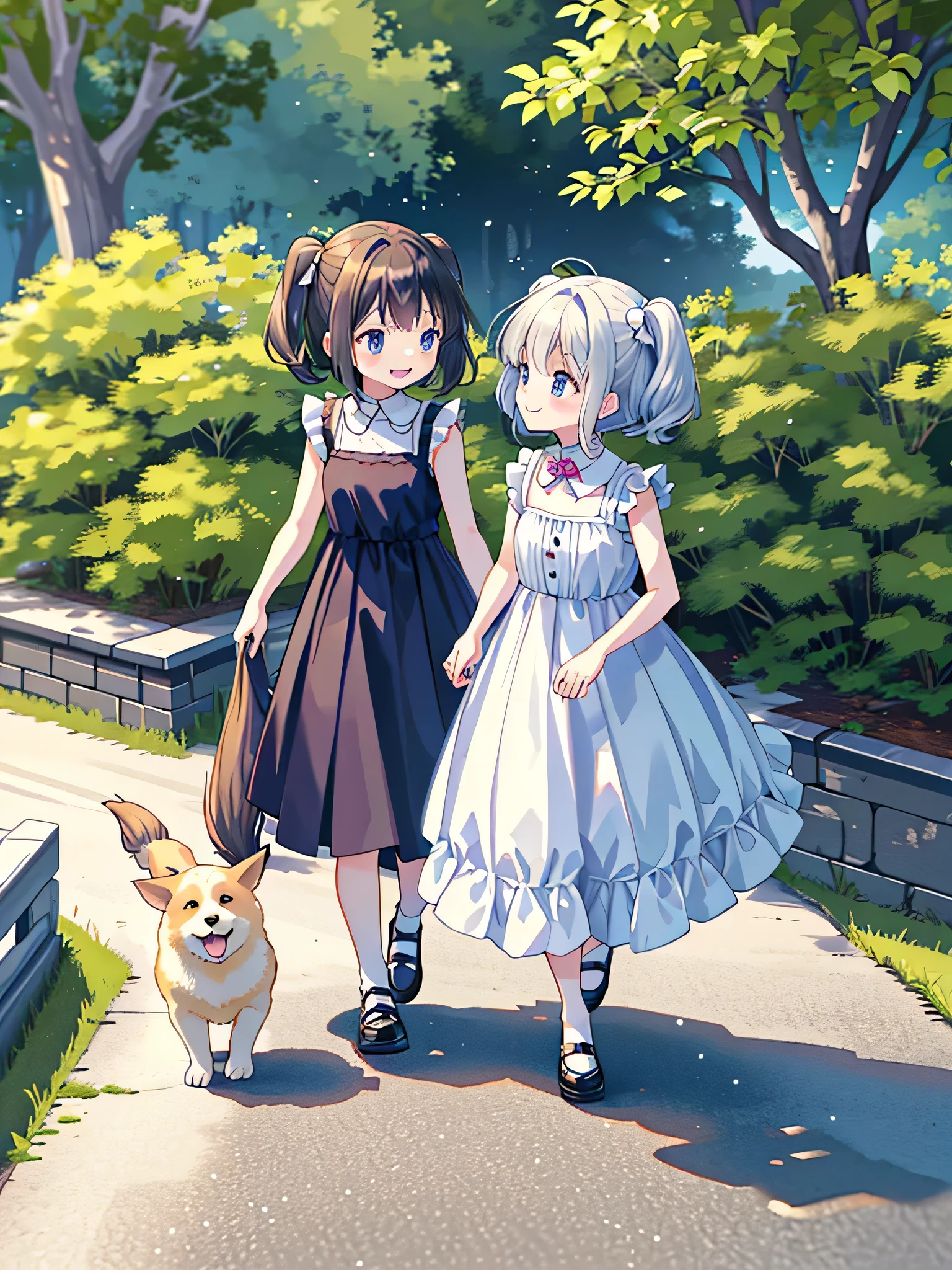 Two little girls、Very close sisters、Walk hand in hand、Having fun and being excited、They both walk with a bounce、Happy smile、A cute, cool sleeveless dress、Dogs walking side by side、(Quadrupedal Dog、Very large dog:1.4、Same height as her sister、Bushy white hairs、She is very kind and cares for her sisters.)、Nothing in my hands、Watching the audience、