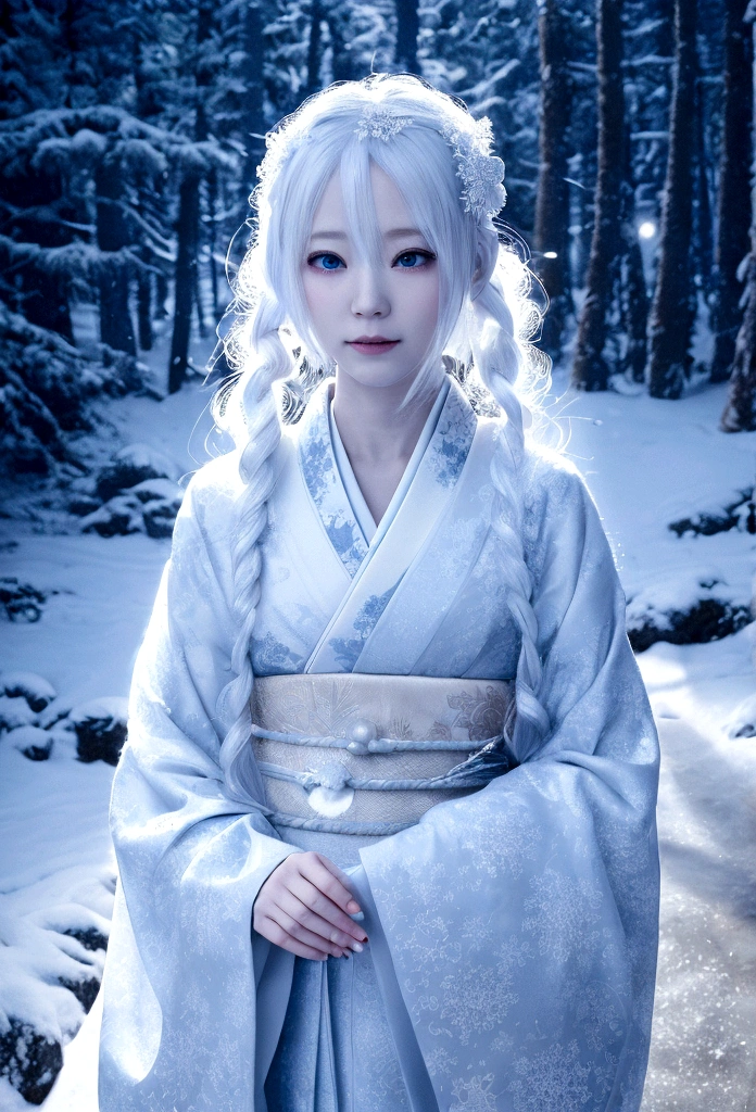 Ethereal snow woman, traditional Japanese folklore, pale skin, long flowing white hair, kimono made of frost patterns, surrounded by swirling snowflakes, moonlit winter forest background, mysterious aura, soft blue and white color palette, digital art style photo-realistic low lighting, 8k realistic digital art, [ 4K Photorealism ]!!, Gweiz-style artwork