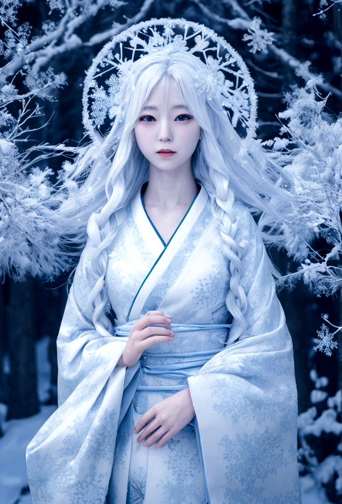 Ethereal snow woman, traditional Japanese folklore, pale skin, long flowing white hair, kimono made of frost patterns, surrounded by swirling snowflakes, moonlit winter forest background, mysterious aura, soft blue and white color palette, digital art style photo-realistic low lighting, 8k realistic digital art, [ 4K Photorealism ]!!, Gweiz-style artwork