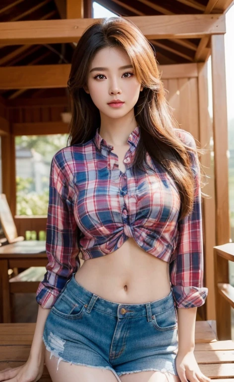 8k images, Shot with a high quality Fuji 45 camera., Pixels, best quality, Masterpiece:1.2), (realistic, photo-realistic:
1 woman,cute, ผู้หญิงlong hairชาวเอเชียตะวันออกเฉียงใต้ที่มีใบหน้ากลม, Open the aperture wide., professional lighting, Sony A7R4, 50 mm sitting lens. 2 long hairชาวเอเชียตะวันออกเฉียงใต้ที่มีใบหน้ากลม,  Chest circumference measures 36 inches., Warm light, long hair,black eyes,abdominal muscles, The body is beautiful and strong., thick hips, rounded chest, (digital painting, HDR, high contrast), 3d, 8K, 45,000,000 pixcls,,