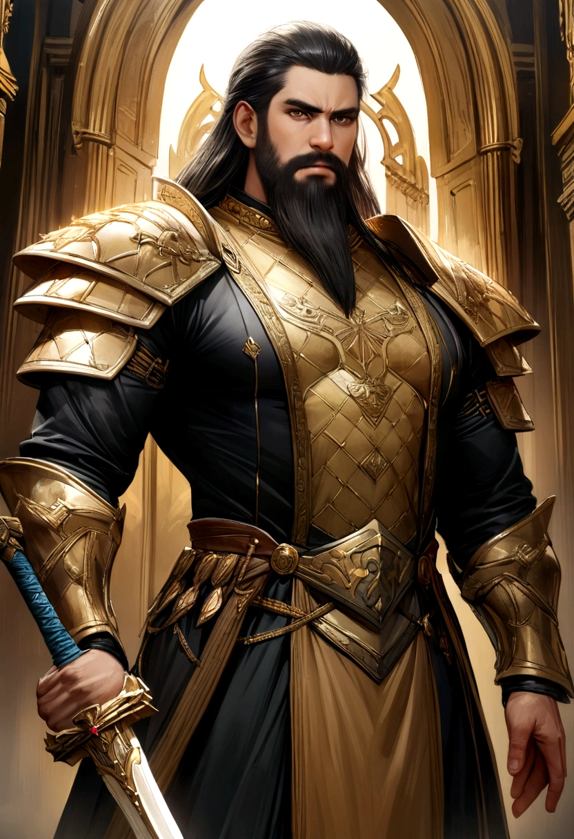 best quality,4k,8k,highres,masterpiece:1.2,ultra-detailed,realistic:1.37,fotografia,man dressed in black and gold holding a sword in hand ,medium:FantasyDaimyo:1,Lora:djzFantasyDaimyoV21:0.8,beautiful detailed eyes,strong muscular build,dark hair,long beard,elegant armor,golden embellishments,ornate hilt of the sword,dramatic lighting,strong and confident expression,detailed surroundings of a mythical kingdom,golden throne in the background,
sparkling gemstones on the armor,elaborate engravings on the sword,reminiscent of feudal Japan,
lush green foliage,majestic mountains,warrior in a proud and commanding stance