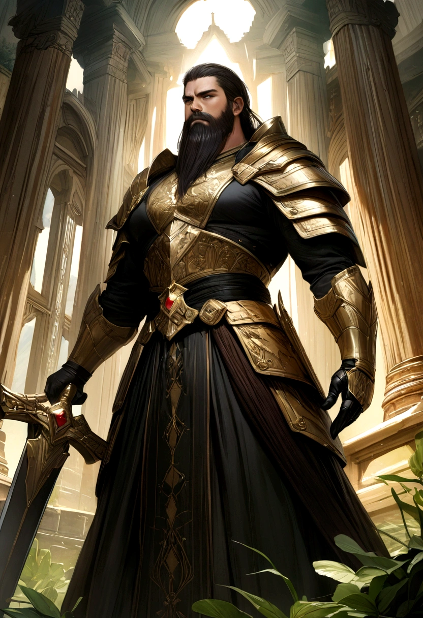 best quality,4k,8k,highres,masterpiece:1.2,ultra-detailed,realistic:1.37,fotografia,man dressed in black and gold holding a sword in hand ,medium:FantasyDaimyo:1,Lora:djzFantasyDaimyoV21:0.8,beautiful detailed eyes,strong muscular build,dark hair,long beard,elegant armor,golden embellishments,ornate hilt of the sword,dramatic lighting,strong and confident expression,detailed surroundings of a mythical kingdom,golden throne in the background,
sparkling gemstones on the armor,elaborate engravings on the sword,reminiscent of feudal Japan,
lush green foliage,majestic mountains,warrior in a proud and commanding stance