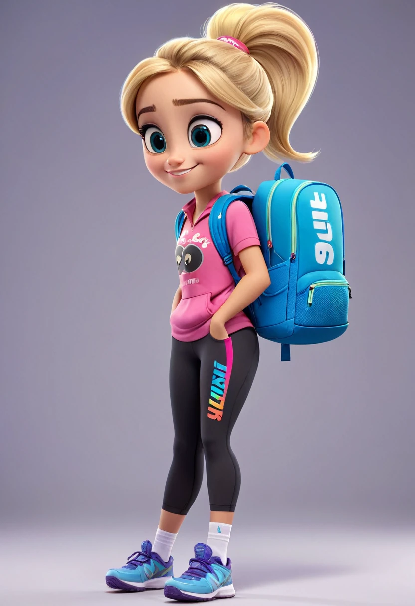 "Create a 12-year-old female character in the Disney Pixar style for a store called Epic Style. Big eyes and a captivating smile, rounded face, Sportswoman with blonde hair tied in a ponytail, She wears sports leggings with a modern design and has a backpack next to her with 'Epic Style' written in captivating colors. The character should appear friendly and full of energy.