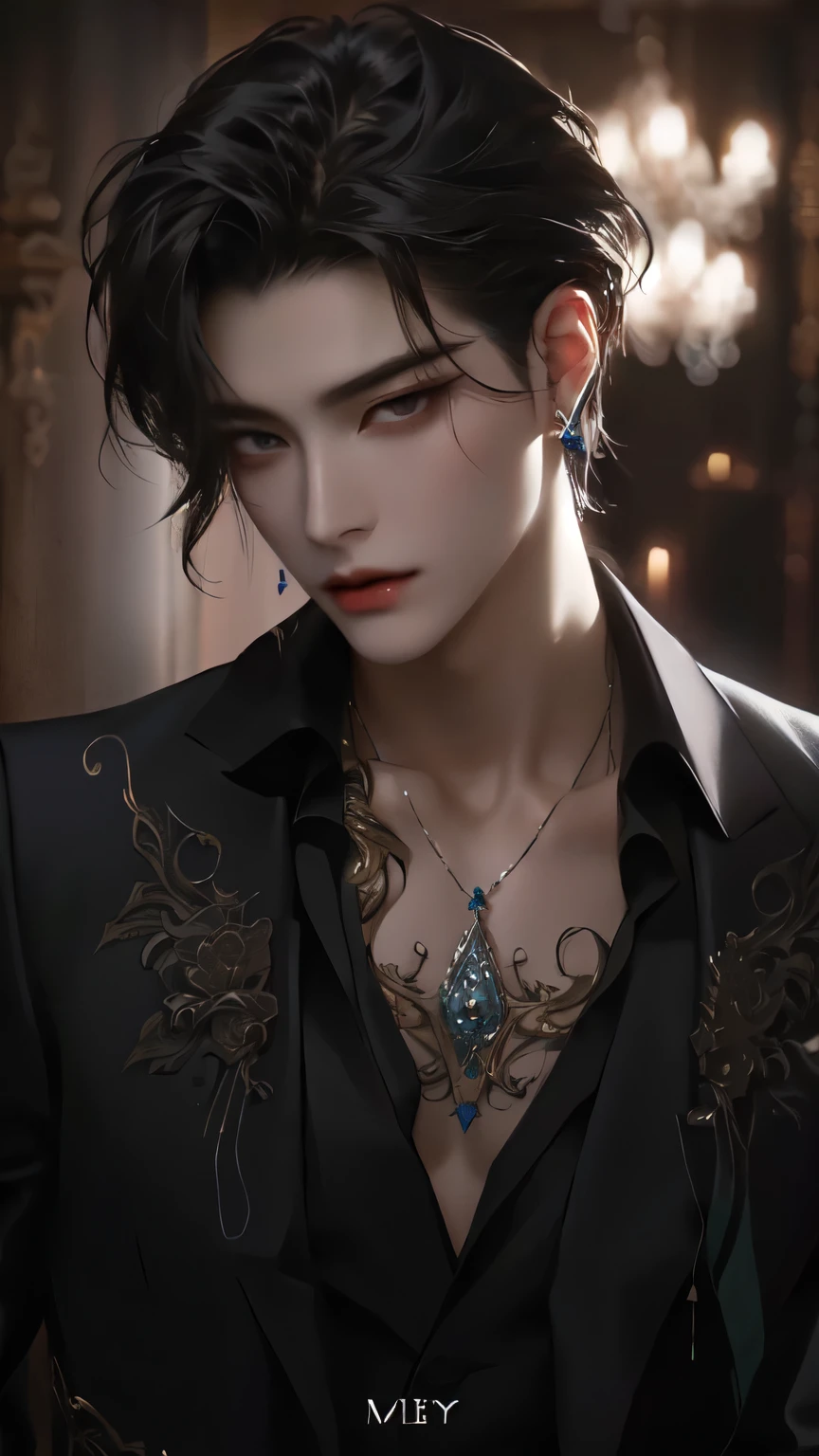 a close up of a person wearing a suit and a necklace, delicate androgynous prince, beautiful androgynous prince, handsome guy in demon slayer art, cai xukun, inspired by Zhang Han, by Yang J, androgynous vampire, handsome stunning realistic, inspired by Bian Shoumin, inspired by Yanjun Cheng, handsome male vampire, jung kook, jungkook, jk