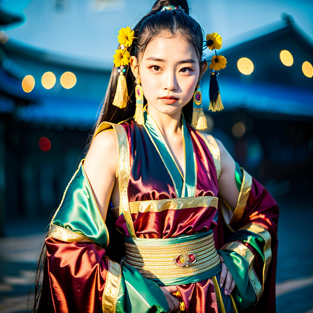 ((best quality)), ((masterpiece)), (detailed), 1 Beauty, Portraiture ，Character leaning to the right，Mongolian national costume，Background Ulaanbaatar，Blurred Background，night