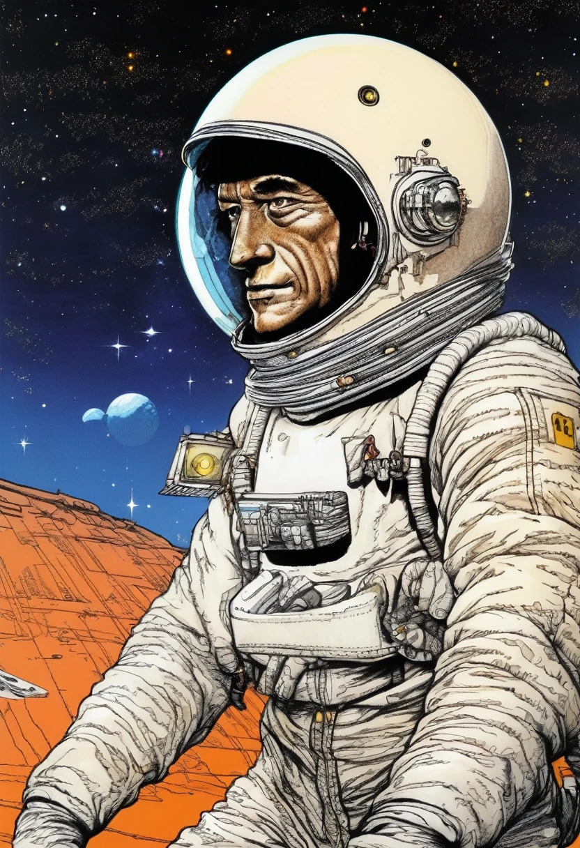 Mobis (Jean Giraud) Style - A picture by Jean Giraud Mobis, The picture shows an astronaut&#39;s helmet covered with mushrooms，森林背景western backdrop in Mobis' signature style with sharp detailing and vibrant colors. Shot with Panavision Panaflex Gold II and Ultra Panavision 70 lenses, The image is full of film grain and low-key lighting，It creates a mysterious and tense atmosphere.