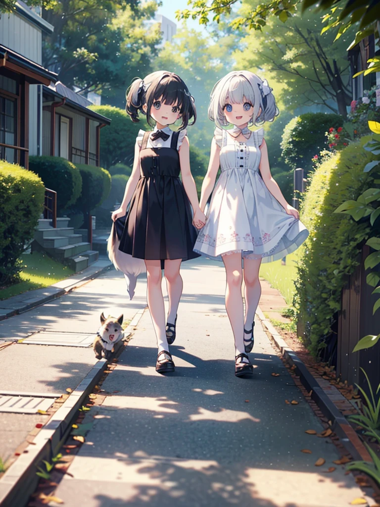 Two little girls、Very close sisters、Walk hand in hand、Having fun and being excited、They both walk with a bounce、Happy smile、A cute, cool sleeveless dress、Dogs walking side by side、(Quadrupedal Dog、Very large dog:1.4、Same height as her sister、Bushy white hairs、She is very kind and cares for her sisters.)、Nothing in my hands、Watching the audience、