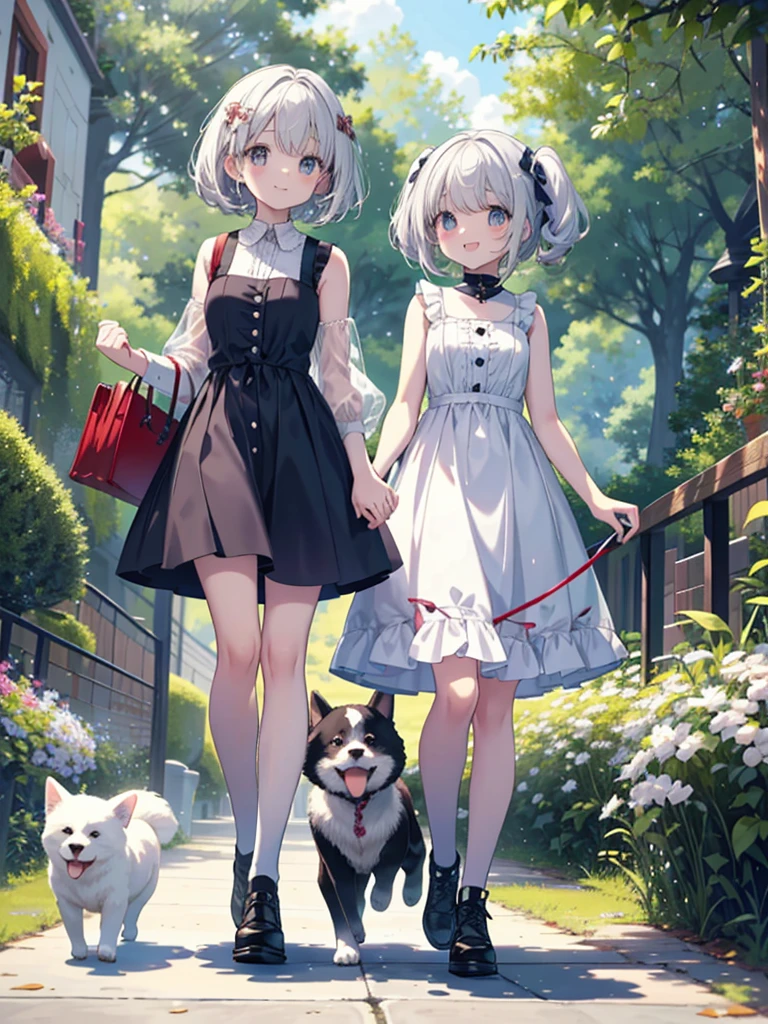 Two girls、Very close sisters、Walk hand in hand、Having fun and being excited、They both walk with a bounce、Happy smile、A cute, cool sleeveless dress、Dogs walking side by side、(Quadrupedal Dog、Very large dog:1.4、Same height as her sister、Bushy white hairs、She is very kind and cares for her sisters.)、Nothing in my hands、Watching the audience、