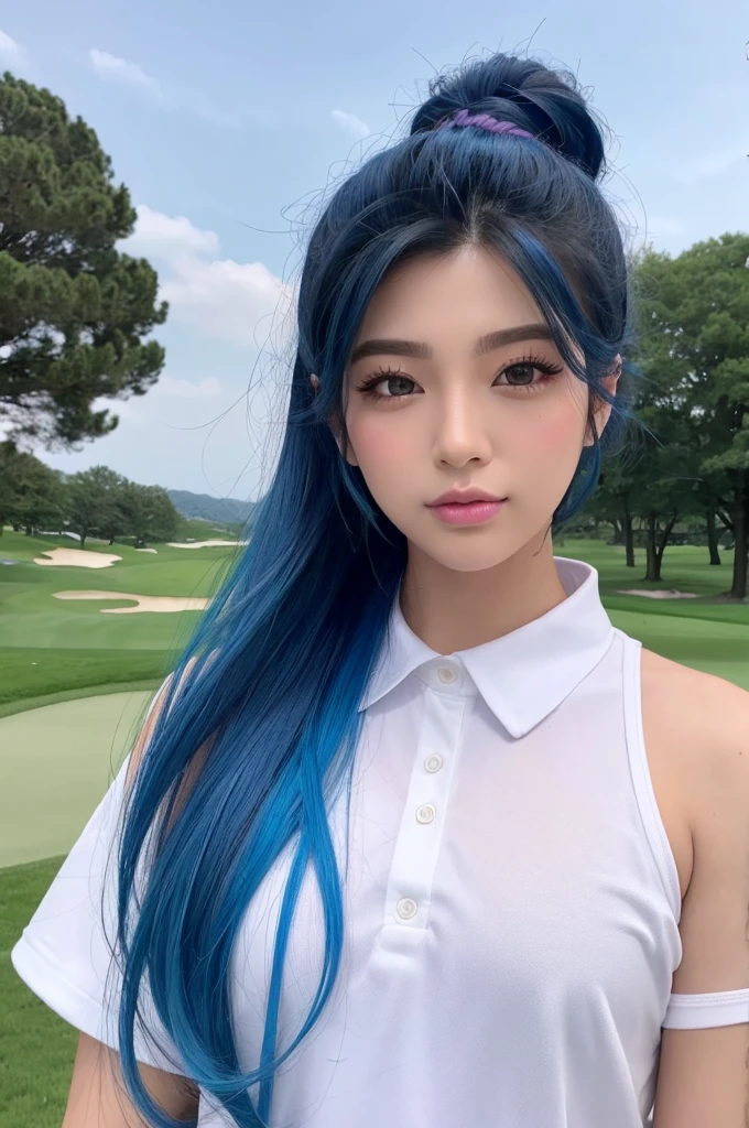 A male YouTube creator and performer、Her hair is blue and has a two-block style.、He is big, 185cm tall.、The nose is plump and large、Her eyes are large and have long eyelashes.、He likes golf and is tanned.。Brown eyes