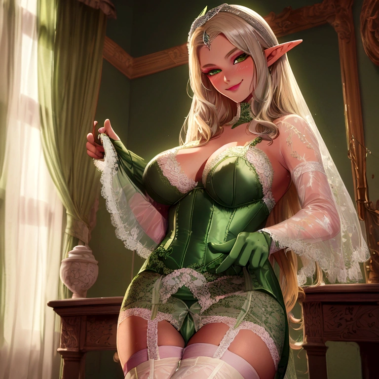 (((18 years old model))), Perfect Face, (((1Girl))), ((Blonde Hair Girl)), (((Smile))), ((Seductive gaze)), (MakeUp, Green Eyeliner), (Very long Hair), ((Elven dress, Green dress, Silver diadem, white stockings, garter belt, beautiful green panties)), (Lace stockings, Lace:1.5), Thighs:1.1, (green shoes), Slender Body, (Sexy Breasts), BREAK; (8K, Best Quality, Ultra Detailliert, Highres, Absurdres, Perfect Anatomy, Masterpiece), Strong Outline, Five Fingers, (Blush), ((Posed Photo:1.3)), ((Wide-Angle Photo:1.3)),