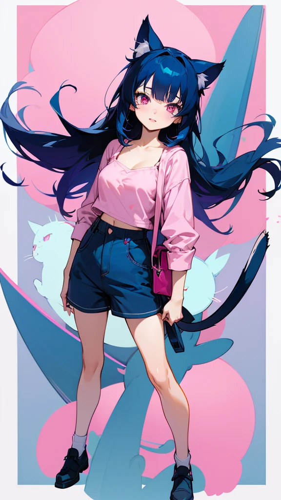 Anime girl wearing dark blue hair long wearing  a blue bras and a short pants holding a kitty purse with pink eyes her face is happy and shes standing full body and white screen