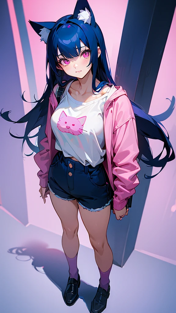 Anime girl wearing dark blue hair long wearing  a blue bras and a short pants holding a kitty purse with pink eyes her face is happy and shes standing full body and white screen