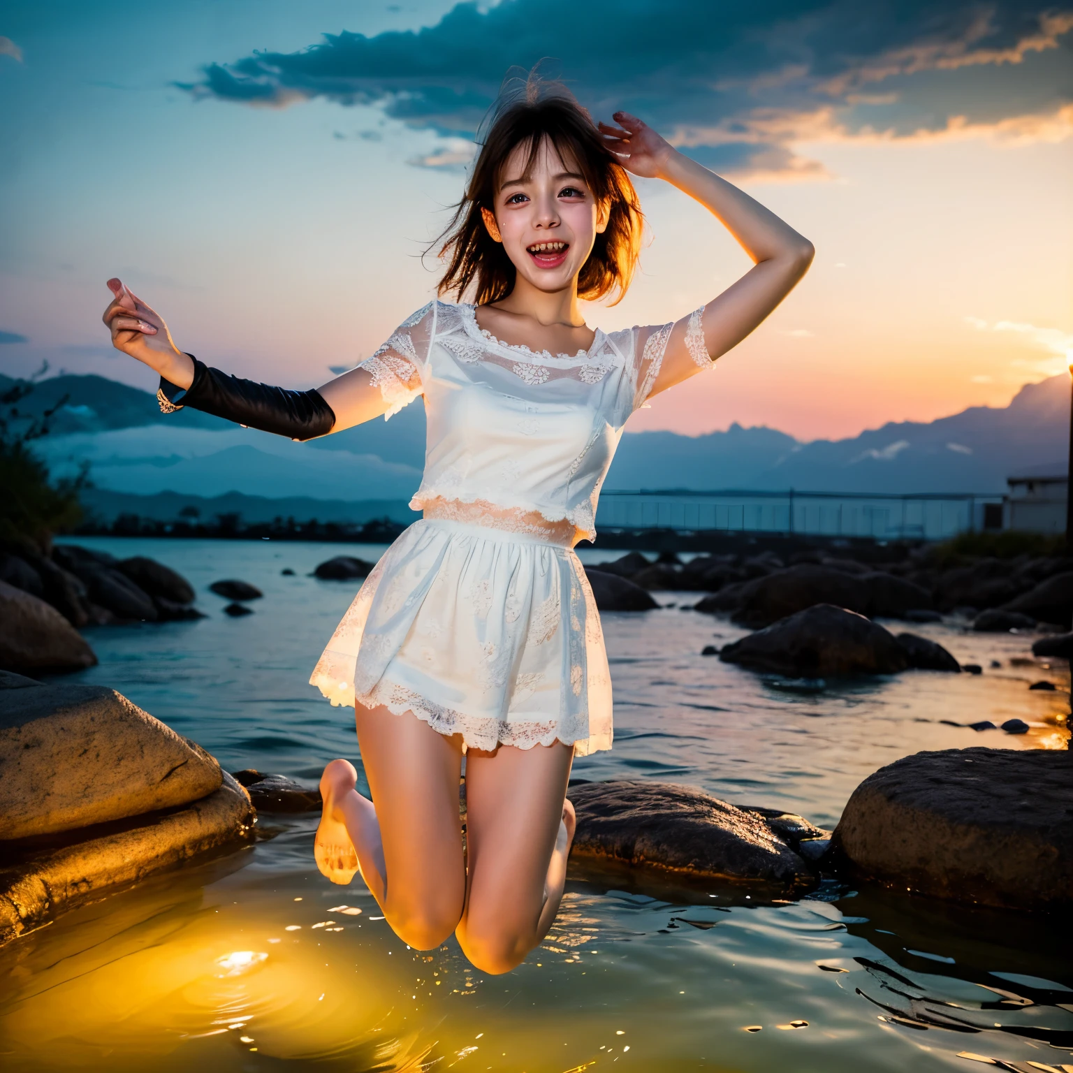 (8K TopQuality masterpiece: 1.2)(Realistic ProfessionalPhoto:1.37), VolumetricLighting. Tiny Girls, (((girl jumping into the water)))、Falling、splash water、shout、Luminous water surface、White and Bright colors, back lighting, Radiant PearlSkin with Transparency, sparkling highlights, Detailed KAWAII face with cute lips, long eyelashes, Delicate lace clothes, Detailed open crotch, MotionBlur (Joyful Expressions LifeLike Rendering) {BabyFace|ThighGap|Dazzling RainbowColor Horizon}, {HiddenHands|Corrected BabyLikeHand} (Exposed:-0.6)