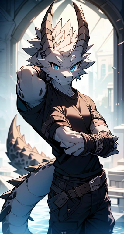 Masterpiece, Cool Pose, Furry Gray Dragon, Medium Strong Body, Blue Eyes, Grey Medium Hair, Combat Black Shirt, Combat Gloves, Combat Pants, Fierce, Good looking