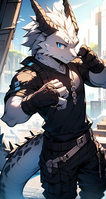 Masterpiece, Cool Pose, Furry Gray Dragon, Medium Strong Body, Blue Eyes, Grey Medium Hair, Combat Black Shirt, Combat Gloves, Combat Pants, Fierce, Good looking