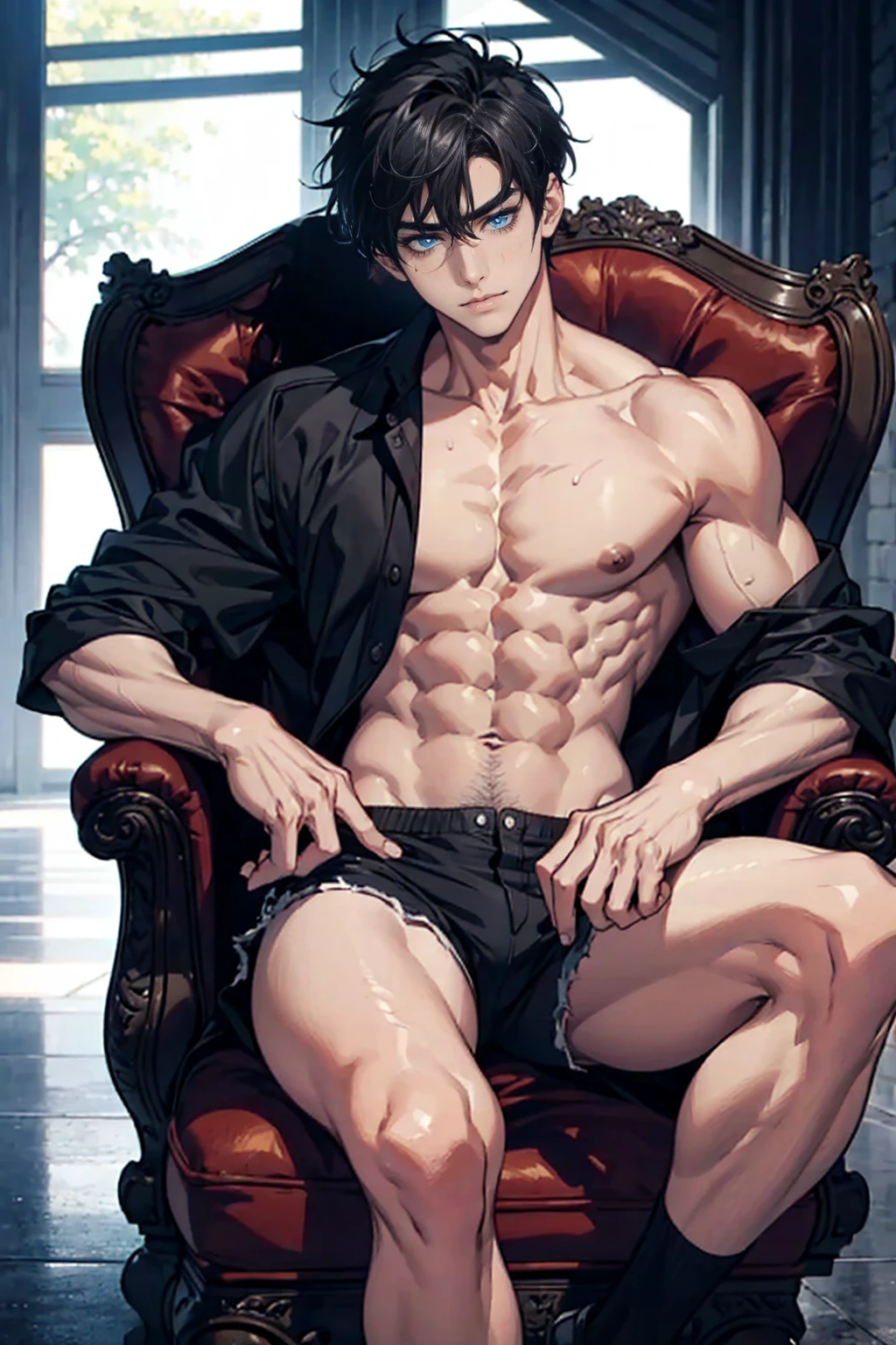 black hair boy, blue eyes, muscular, hot and sexy sweaty body, shirtless , short black shorts, Sitting in an armchair 