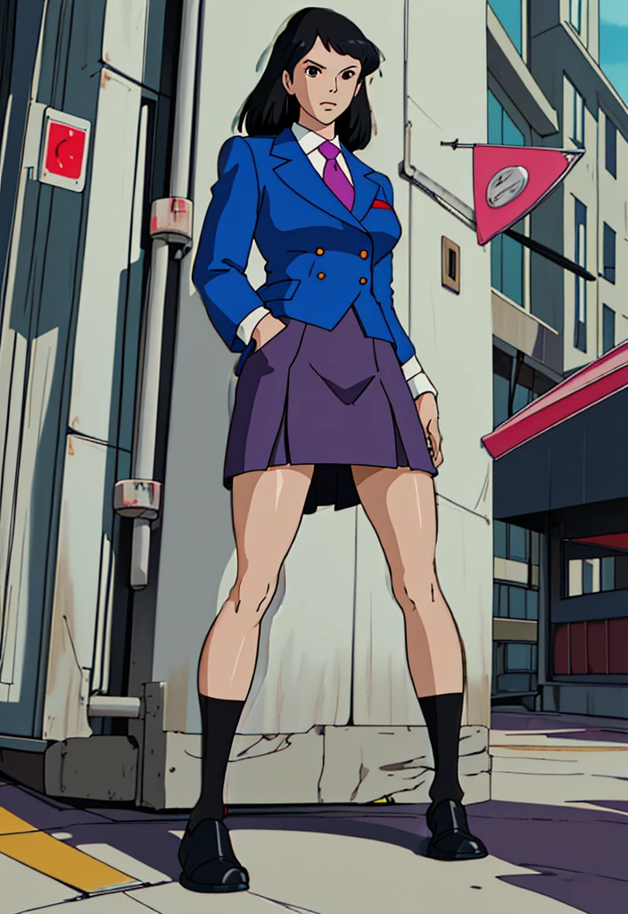 Make a anime dark skinned business woman in a skirt suit