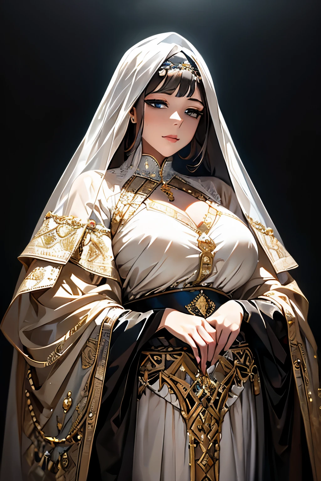 a chubby elegant woman in a white and gold veil covering her eyes, fingers on her lips, long silver nails, black background, photo-realistic, high quality, intricate details, oil painting, dramatic lighting, muted colors, mysterious atmosphere