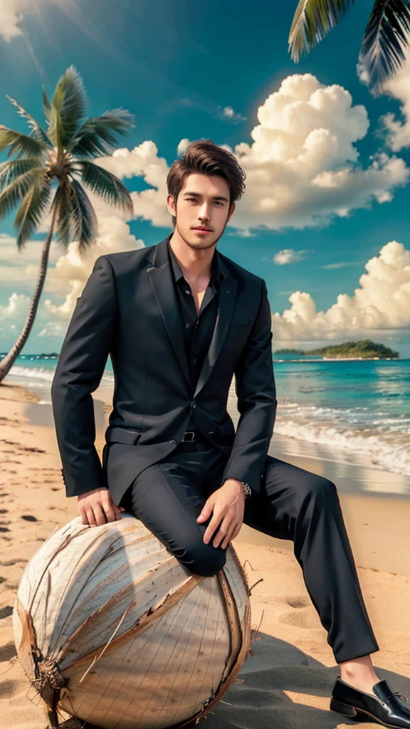 handsome man, wearing a black suit, sitting on the beach, very beautiful clouds, background full of coconut trees.