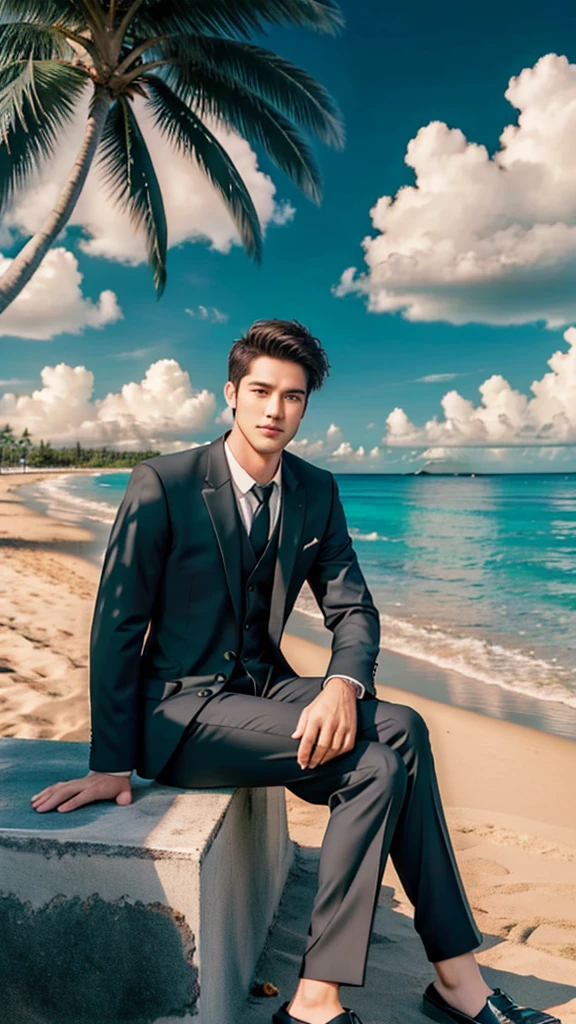 handsome man, wearing a black suit, sitting on the beach, very beautiful clouds, background full of coconut trees.