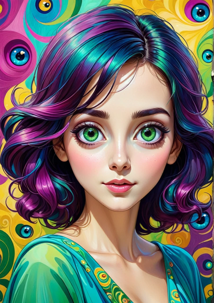 Happy colorful woman big eyes, bella, realistic cartoon proportion, wow of art, attractive, estilo Gustav Klimt, green Blue, cyan, magenta