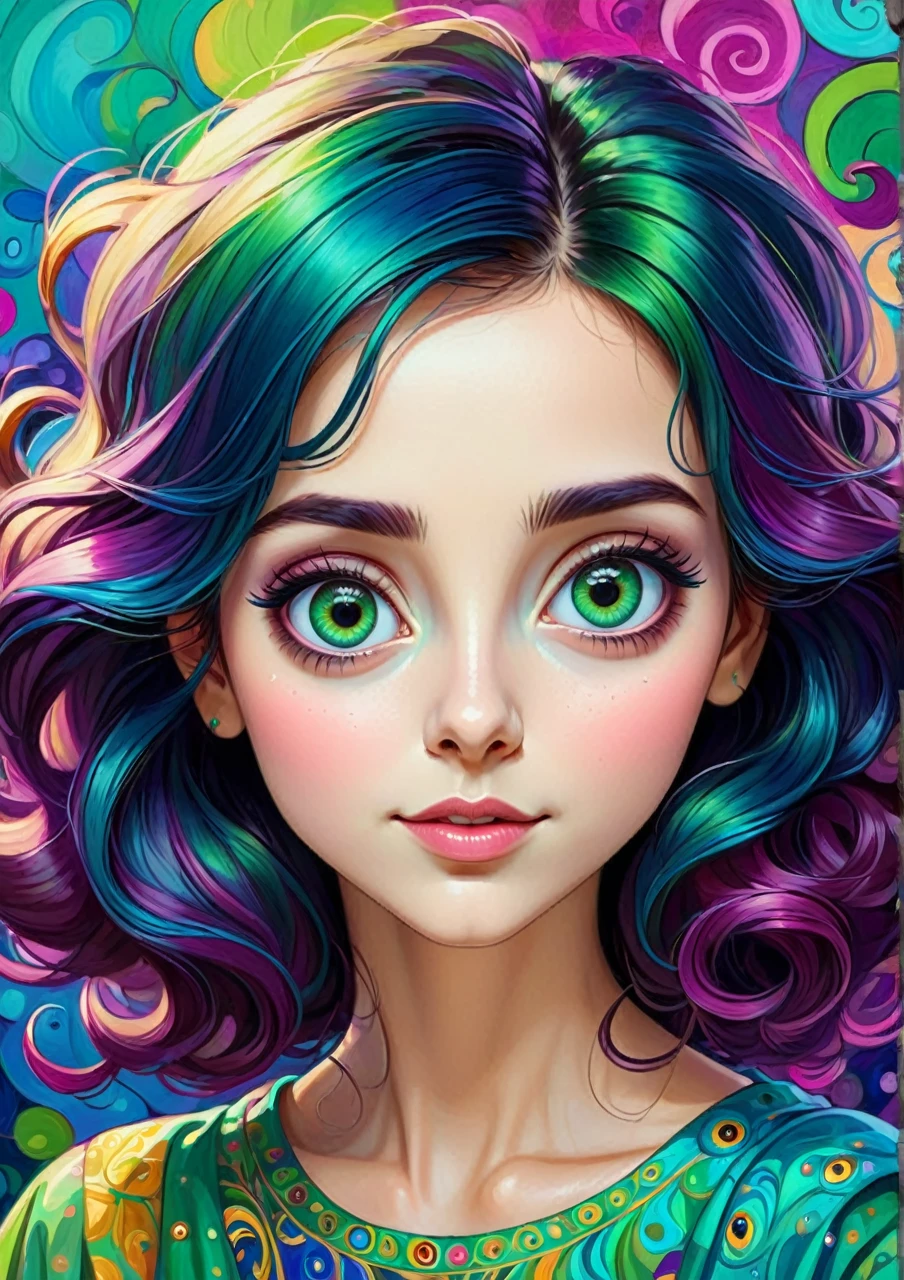 Happy colorful woman big eyes, bella, realistic cartoon proportion, wow of art, attractive, estilo Gustav Klimt, green Blue, cyan, magenta