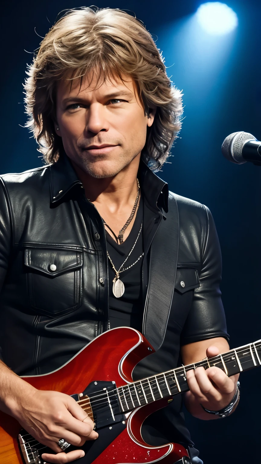 CRIAR JON BON JOVI GUITARRIST,ON STAGE PLAYING ELETRIC GUITAR,8K, REALISTA,UHD, FULL BODY ON SATEGE