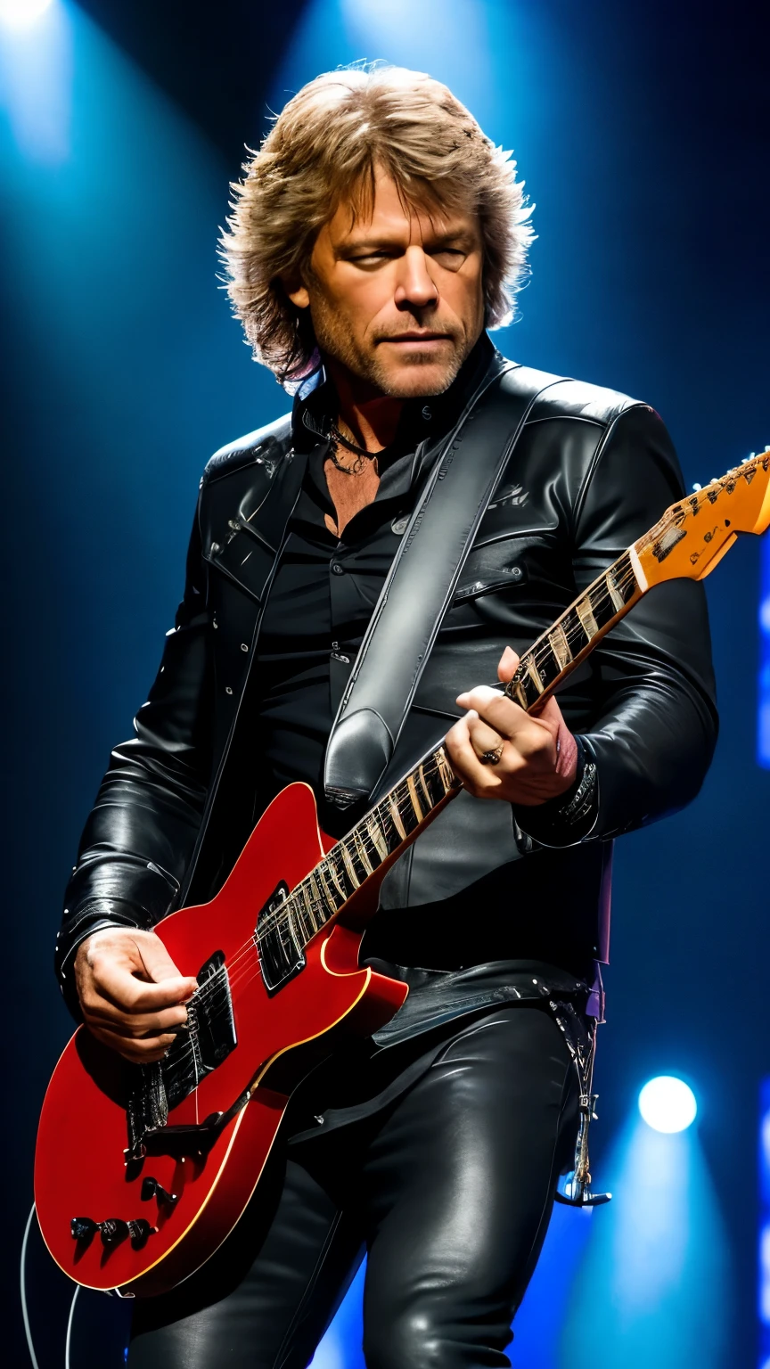 CRIAR JON BON JOVI GUITARRIST,ON STAGE PLAYING ELETRIC GUITAR,8K, REALISTA,UHD, FULL BODY ON SATEGE