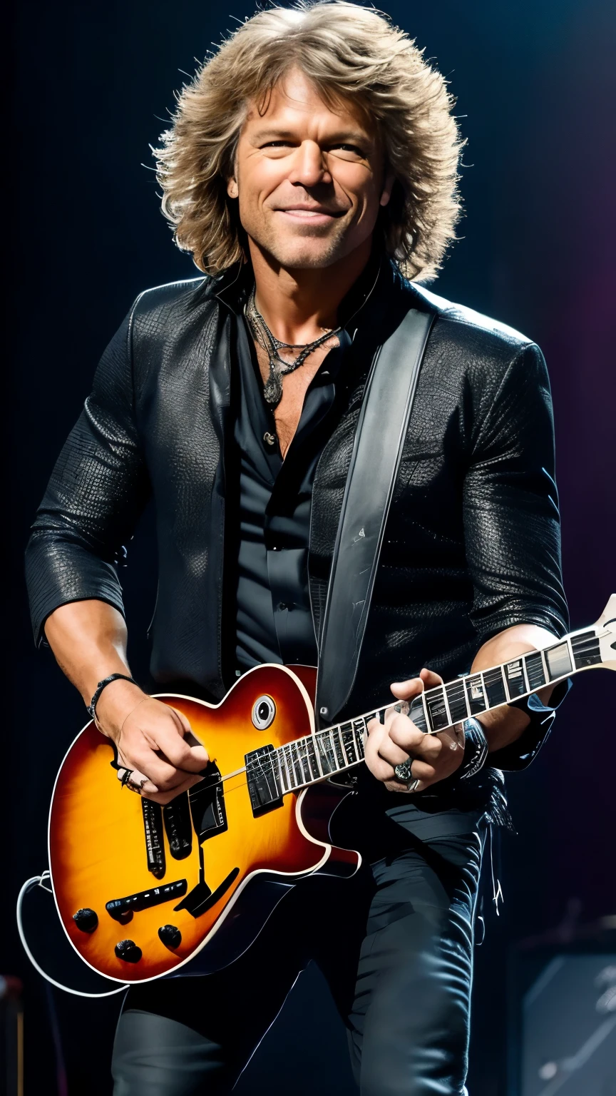 CRIAR JON BON JOVI GUITARRIST,ON STAGE PLAYING ELETRIC GUITAR,8K, REALISTA,UHD, FULL BODY ON SATEGE