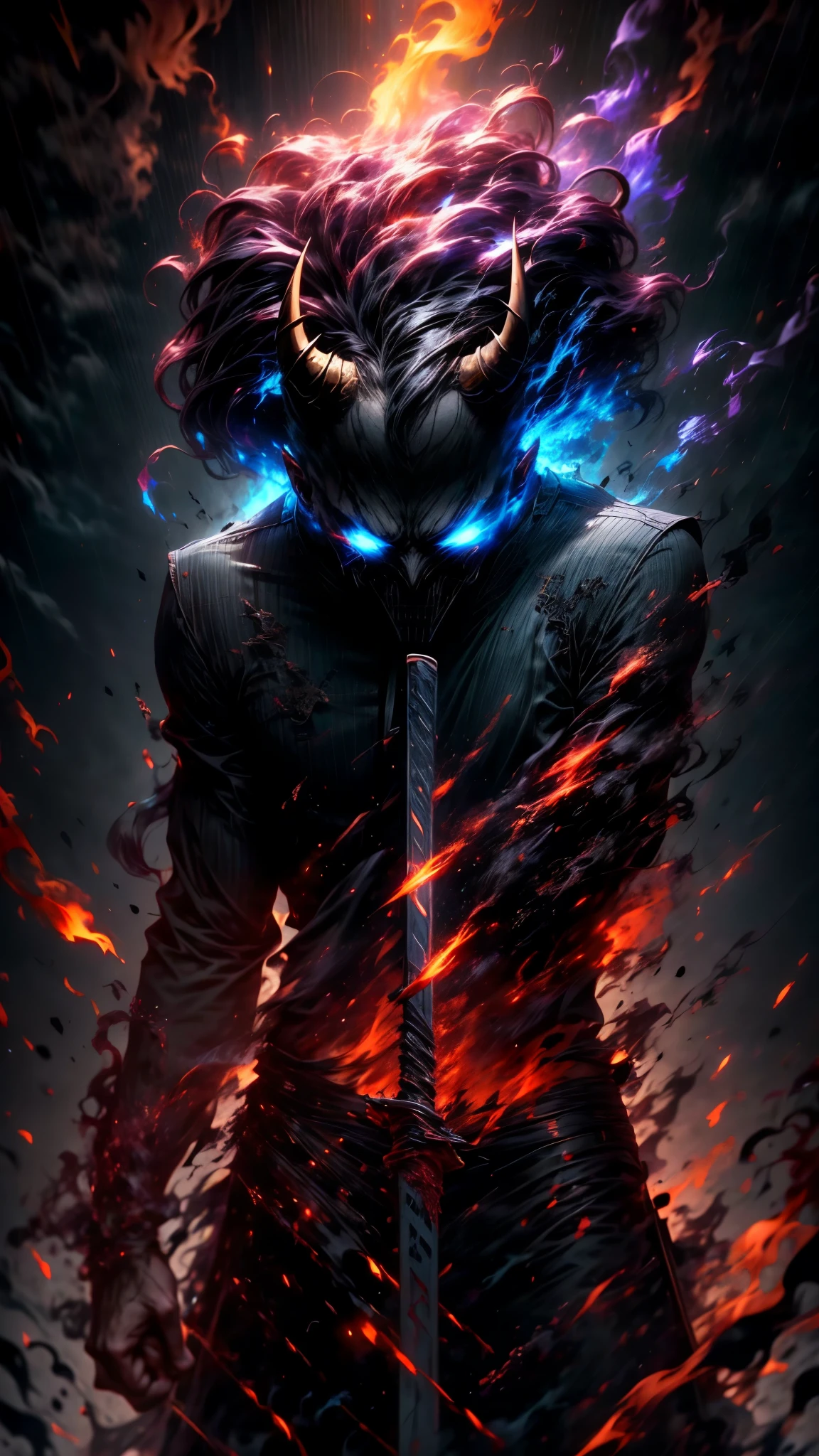 a demonic korean man with luminous eyes, glowing eyes, using the power of souls, magical effects around the character, stylish character, demon horns, wearing loose korean clothes, long tied black hair, bare torso, wielding blue flames in the shape of a katana, (best quality,4k,8k,highres,masterpiece:1.2),ultra-detailed,(realistic,photorealistic,photo-realistic:1.37),dynamic action scene