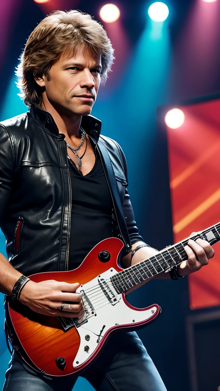 CRIAR JON BON JOVI GUITARRIST,ON STAGE PLAYING ELETRIC GUITAR,8K, REALISTA,UHD, FULL BODY ON SATEGE